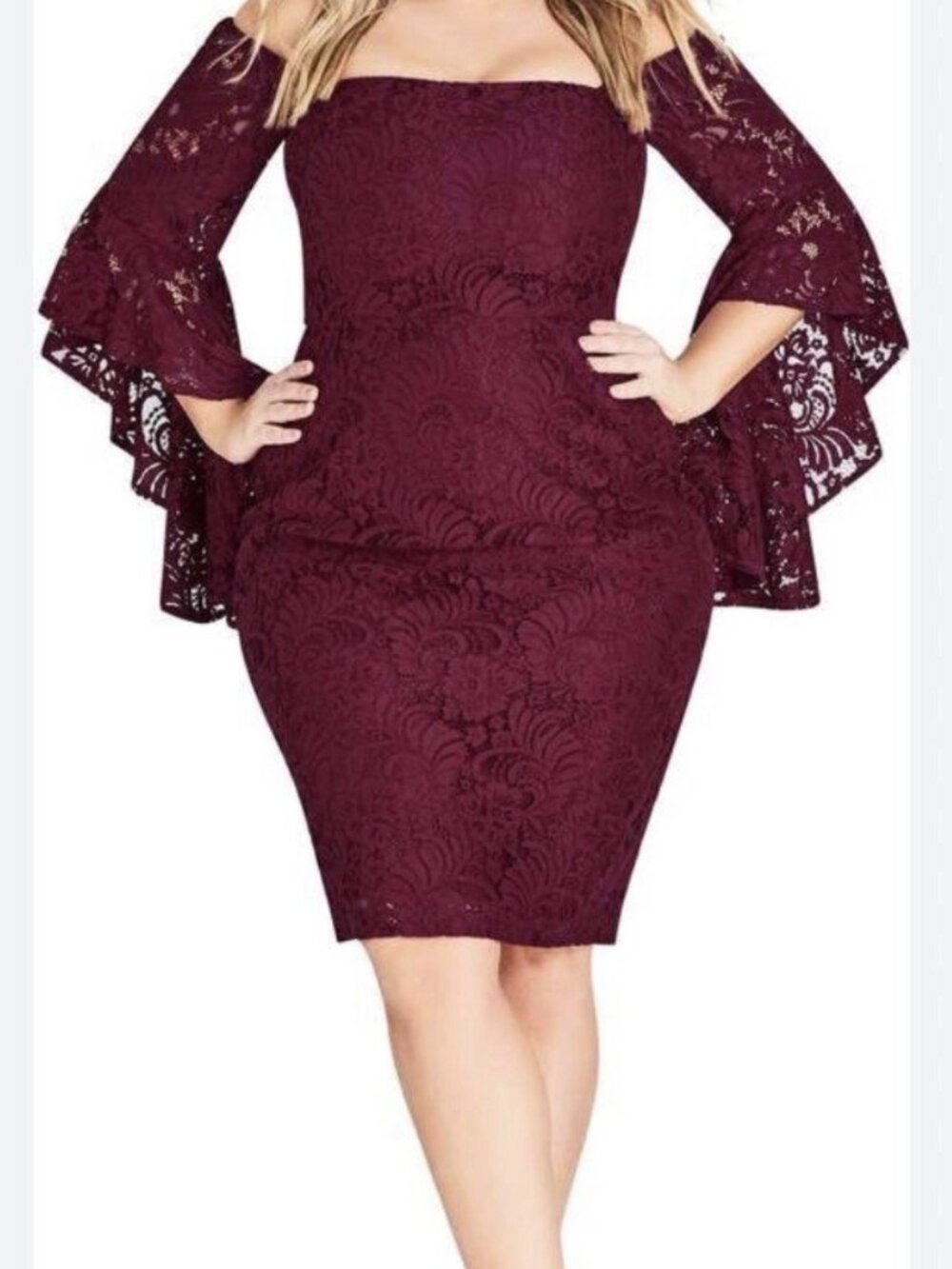 City Chic Burgundy Cold-Shoulder Lace Sheath Dress